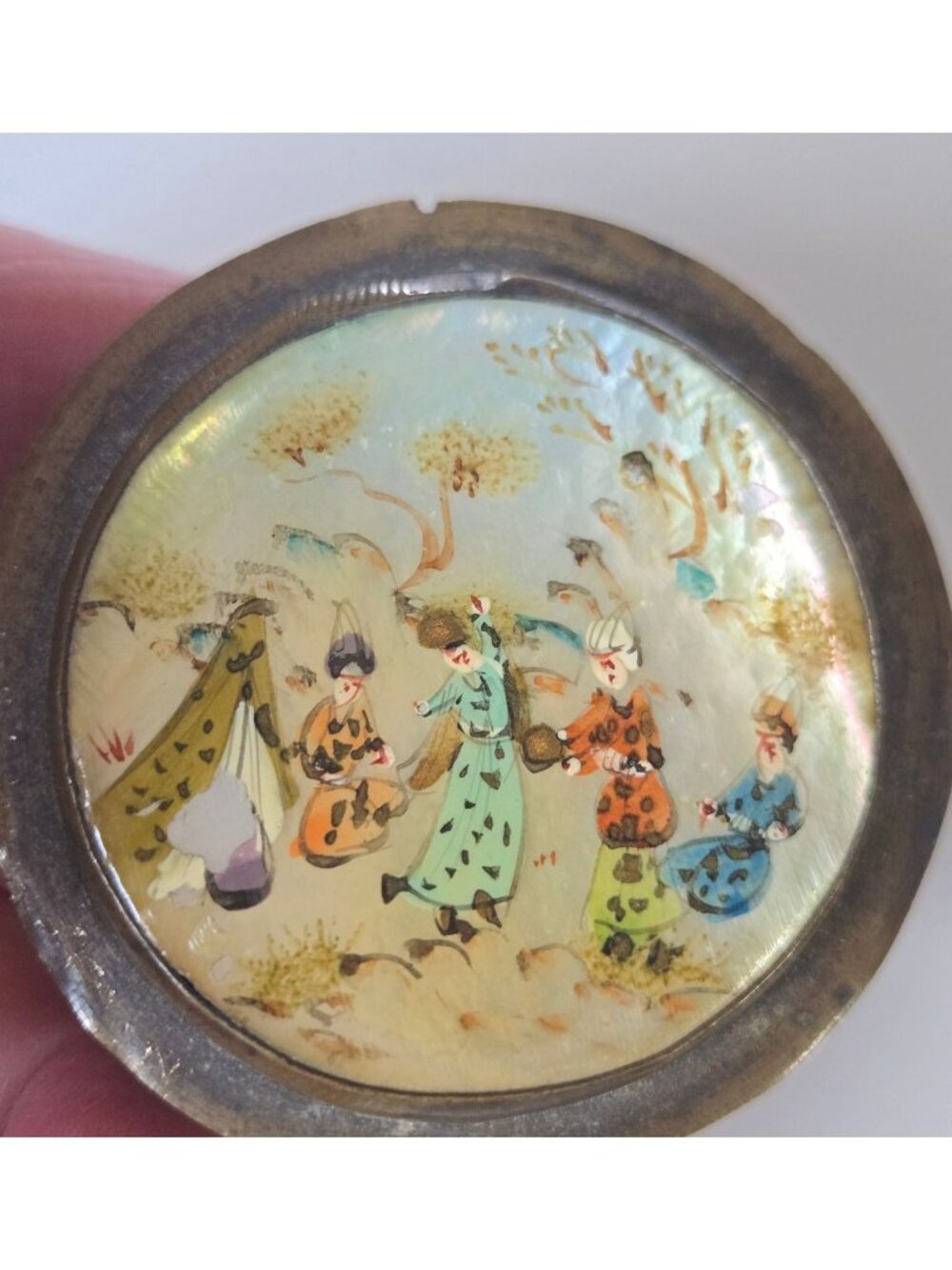 Vintage Hand-Painted Mother Of Pearl & Brass Round Trinket Box With Persian-Styl
